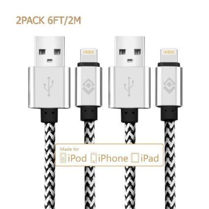 Lightning Cable, [2-Pack] 6ft/2m USB Cable Nylon Braided tangle-free High Speed Data Sync Charger cord with Aluminum heads for Apple iPhone 6/6s/5/5s/5c Plus iPad iPod iPad Air Mini (silver)