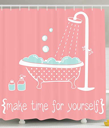 Ambesonne Coral Shower Curtain Quotes Decor by, Clawfoot Tub with Inspirational Make Time for Yourself Therapy Theme Print, 69x70 Inch, Fabric Bathroom Set with Hooks, Coral Pink Turquoise and White