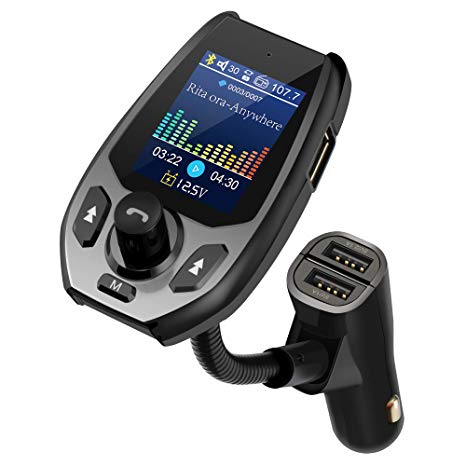 Bluetooth FM Transmitter for Car, COOCHEER Bluetooth Car Adapter, 1.8” Color Display Car Bluetooth FM Transmitter, Wireless Radio Transmitter Adapter with 3 USB Ports, AUX Input
