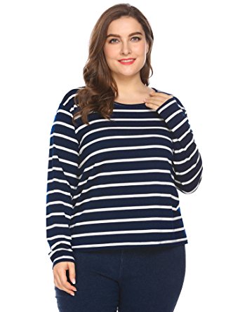 IN'VOLAND Women's Plus Size O-Neck Long Sleeve Striped Casual T-Shirt Tops