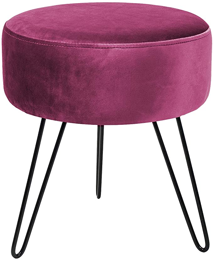 Sorbus Velvet Footrest Stool, Round Mid-Century Modern Luxe Velvet Ottoman, Footstool Side Table, Removable Metal Leg Design (Red Magenta)