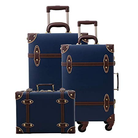 Women Trolley Suitcase Set Lightweight Travel Luggage Carry On Leather Trunk 3 Pieces Retro Blue