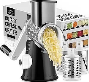 Zulay Kitchen Cheese Grater Hand Crank, Grater For Kitchen With Reinforced Suction - Rotary Cheese Grater With 3 Replaceable Stainless Steel Blades - Easy to Use & Clean - Vegetable Cutter - Black