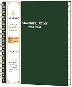 2024-2026 Monthly Planner - JULY 2024 - JUNE 2026, 9" x 11", 2 Year Monthly Planner, 2024-2026 Monthly Planner Spiral Bound, Cardboard Cover - Green