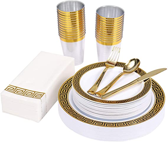 175PCS Gold Disposable Dinnerware Sets for Party Halloween 25 Guests 25 Dinner Plastic Plates 25 Dessert Plates & 25 Linen Like Gold Paper Napkins & 25 Plastic Silverware Set, Plastic Dinnerware Set