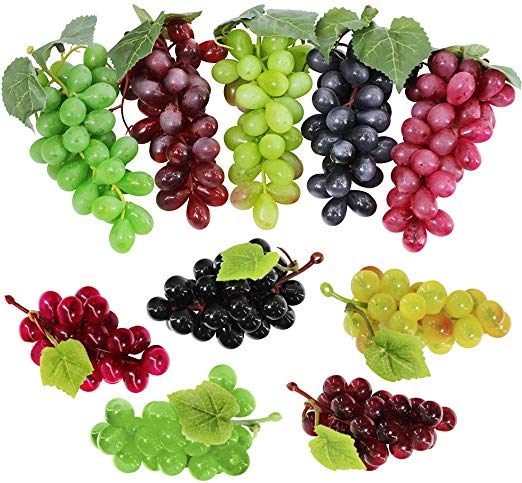 Supla 10 Pack Assorted Artificial Grapes Frosted Grape Clusters Decorative Grapes Bunches Rubber Grape Bundles in Black Purple Red Green for Vintage Wedding Favor Fruit Wine Décor Faux Fruit Props
