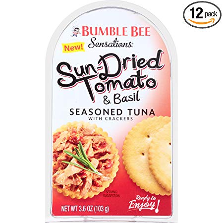 BUMBLE BEE Sensations Sun-Dried Tomato and Basil Seasoned Tuna with Crackers, High Protein Food, Gluten Free Food, High Protein Snacks, Canned Food, Bulk Snacks, 3.6 Ounce Packages (Pack of 12)