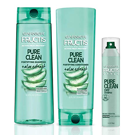 Garnier Hair Care Fructis Pure Clean Shampoo, Conditioner, and Dry Shampoo, Made With Aloe and Vitamin E Extract, Vegan and Paraben Free, 1 Kit