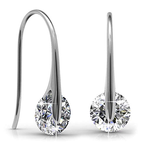 Jade Marie BELOVED Small Silver Drop Earrings, 18k White Gold Plated Fish Hook Dangle Earrings with 1 Carat Solitaire Swarovski Crystals, Beautiful Hypoallergenic