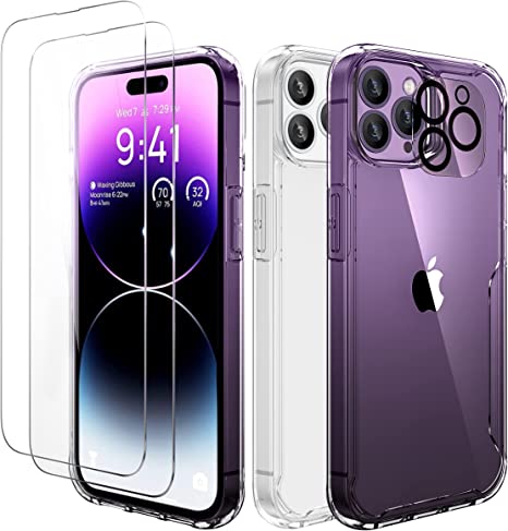 ORETECH for iPhone 14 Pro Max Case with [2 Tempered Glass Screen Protector   1 Camera Lens Protector] Hard PC Clear Back Flexible Silicone Frame Protective Case iPhone 14 Pro Max 6.7"- Clear