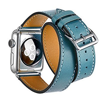 Elobeth for Apple Watch Band,iWatch band Genuine Leather Double Tour Watch Strap Wrist Band Replacement Clasp for Apple Watch & Sport & Edition(42mm Blue)