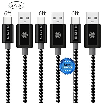 USB Type C Cable SGIN, 3Pack 6FT USB C Nylon Braided Cord Certified to Type C Charging Charger for Samsung Galaxy S8  , Google Pixel, LG G6 V20 G5, Nintendo Switch, New Macbook - BlackWhite