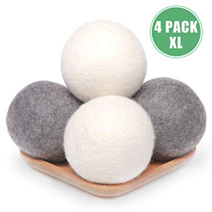 Wool Dryer Balls 4 Pack XL, 2.96inch Premium New Zealand Wool Laundry Balls, Organic Natural Fabric Softener, Baby Safe, Reduce Wrinkles and Save Drying Time(White & Grey)