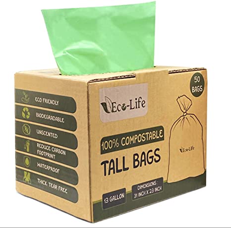 Eco-Life trash bags-100% Compostable trash bag- Plant based trash bags-Biodegradable multipurpose bags-Compost trash bags- 49.2 L - 13 gallon trash bags- 25 micrometres thick. Extra thick
