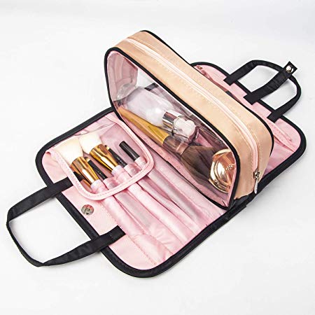 Makeup Bag Travel Cosmetic Bag for Woman, Makeup Brush Bags Two-piece Set Travel Kit Organizer Cosmetic Bag (Pink)
