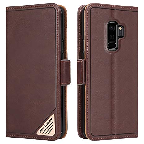 Galaxy S9 Plus Wallet Case, Samsung Galaxy S9 Plus Case, BENTOBEN Genuine Leather Folio Flip Standing Magnetic Cover Card Holder Slots Full Body Protective Phone Case for Samsung Galaxy S9 Plus Brown