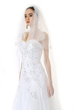 Passat 2 Tiers 3M Silver Lined Beaded Edge Cathedral Wedding Veils With Crystal Bridal Veil 229