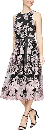 Alex Evenings Women's Sleeveless Midi Dress with Elegant Embroidery, Full Skirt and Tie Belt (Petite and Regular Sizes)