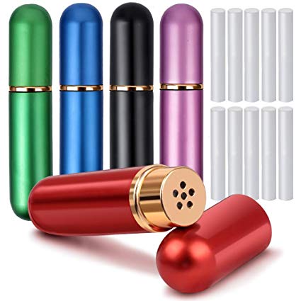 Essential Oil Inhalers, YGDZ 5 Empty Personal Nasal Inhalers Tubes Refillable Aluminum Glass Essential Oil Nasal Inhalers with 10 Cotton Wicks