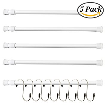 Coobey 5 Pack Steel Spring Tension Curtain Rod Cupboard Bars Rod, 11.81 to 20 Inches, with 8 Pieces Stainless Steel Hanging Hooks (White)