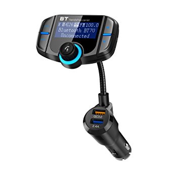 FM Transmitter for Car, Wirelss Bluetooth In-Car Radio Transmitter with Hands free & Turn Off Function for iPhone Samsung Android Smartphone, iPod iPad - Support AUX Input & TF Card Slot Playing