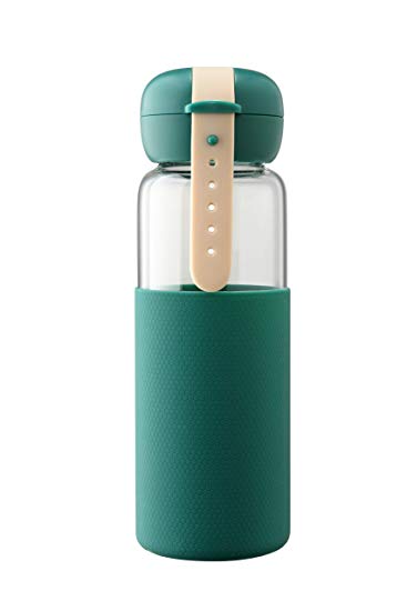 WTX Portable Glass Water Bottles with Creative Heat-Resistant Silica Gel Lid and Protective Rubber BPA Free 12 oz