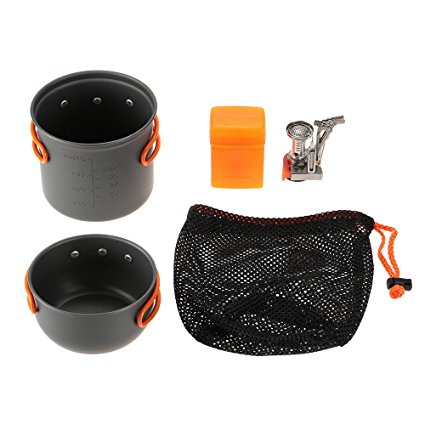 TOMSHOO 1-2 People Portable Camping Cookware with Mini Ignition Stove Backpacking Hiking Cooking Picnic Pot Cook Set Outdoor