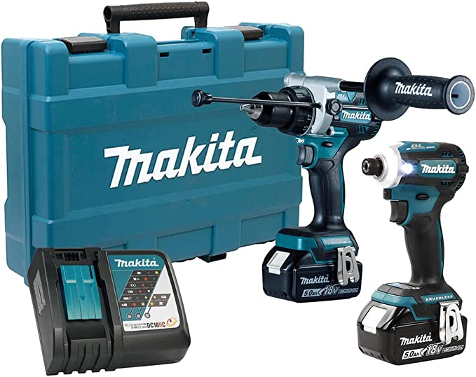 Makita DLX2411T 18V LXT Cordless 2-Piece Combo Kit with 1/4" Impact Driver and 1/2" Hammer Drill/Driver Two 5.0 Ah Batteries Rapid Charger (DTD171Z/DHP486Z)