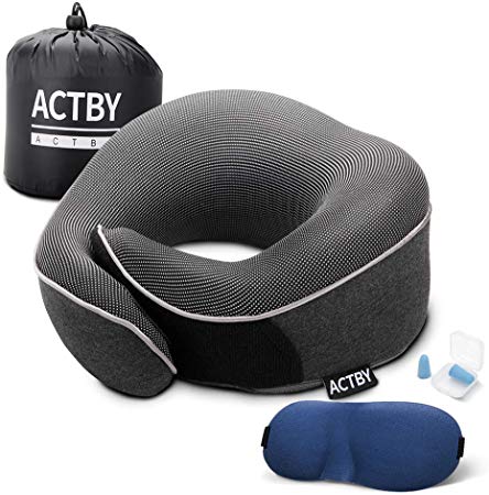 Travel Pillow 100% Pure Memory Foam Neck Pillows for Airplane, Soft Neck Chin Support, Comfortable & Breathable Cover, Machine Washable, Travel Kit with Sleep Mask, Earplugs, Drawstring Bag
