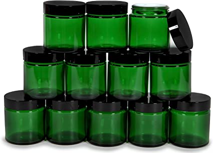 Vivaplex, 12, Green, 4 oz, Round Glass Jars, with Inner Liners and black Lids