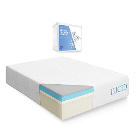 LUCID 16 Inch Plush Gel Memory Foam and Latex Mattress - Four-Layer - Infused with Bamboo Charcoal - Natural Latex and CertiPUR-US Certified Foam - 10-Year Warranty - Queen  with LUCID Encasement Mattress Protector - Queen