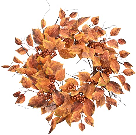 Cloris Art Artificial Fall Wreath Boston Ivy/Berry - 22-24 Inch Yellow Rustic Wreaths for Thanksgiving Farmhouse Wall Decor