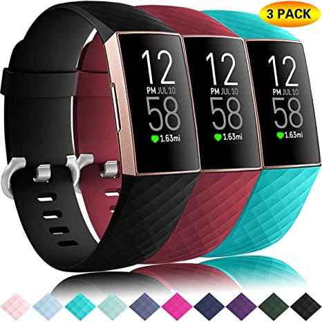 Getino 3 Pack Bands Compatible with Fitbit Charge 4 Bands/Fitbit Charge 3 Bands/Charge 3 SE, Soft, Flexible and Waterproof TPU Sport Replacement Strap Wristbands for Women Men Small Black/Red/Teal