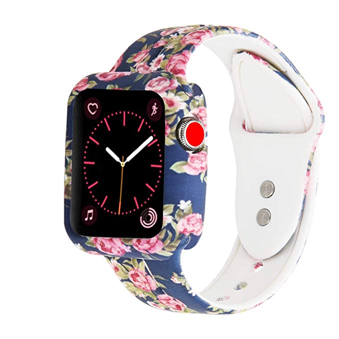 XiangMi Replacement Compatible with Apple Watch 38mm 40mm 42mm 44mm,Soft Silicone Floral Print Strap Sport Band Bracelet Wristbands Compatible with Apple Watch Series 4 Series 3 Series 2 Series 1