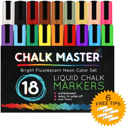 Chalkmaster Liquid Chalk Markers - Ultimate 18 Color Liquid Chalk Premium Artist Quality Marker Pen Set  6 FREE Additional 6 mm Reversible Chisel to Bullet Point Tips - 100 Satisfaction Guarantee