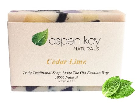 Cedar Lime Soap, 100% Natural & Organic, With Organic Shea Butter & Organic Olive Oil. Scented With Pure Essential Oils, GMO Free, Preservative Free. Handmade, 4.5 oz. Bar.