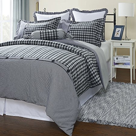 Simple&Opulence 3 Piece Black and White Grid Denim Cotton and Flannel Duvet Cover Sets Including 1 Duvet Cover and 2 Pillow Cases (Queen, Black and White)