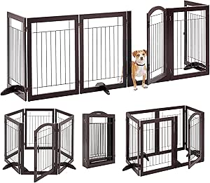 Yaheetech 32-inch Tall Dog Gate with Door Extra Wide Pet Gate for Dogs, Foldable Wire & Wooden Puppy Safety Fence w/3 Support Feet,Freestanding Dog Gate for the House,Doorway,Stairs(Espresso,6 Panels)