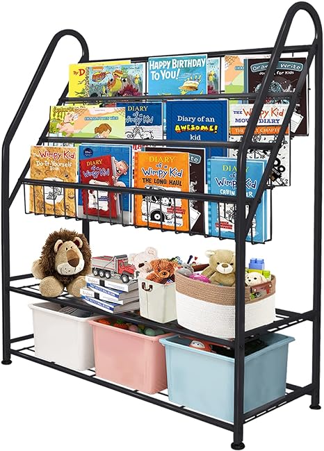 aboxoo Metal Kids Black Bookshelf LargeFreestanding for Children Room 32 in Toy Organizer Large Stable Bookcase Bookstore Library Book Unit Storage Kids Bed Living Room