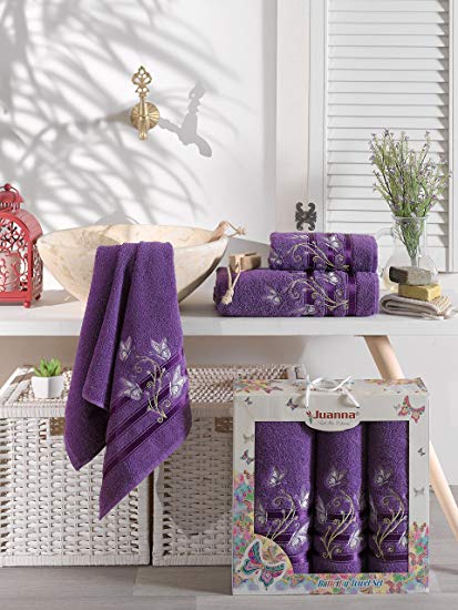 ixirhome Turkish Towel Set 3 Piece,100% Cotton, 1 Bath Towels, 2 Hand Towels, Machine Washable, Gift Set of 3 (Purple)