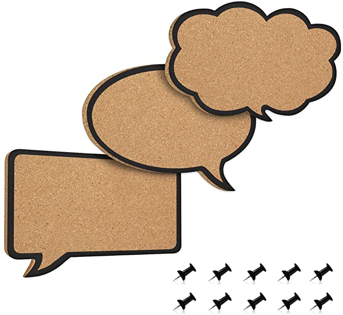 Navaris Cork Bulletin Board Set - 3X Pieces Cork Boards in Cute Decorative Speech and Thought Bubble Shapes with Push Pins for Kitchen, Home, Office