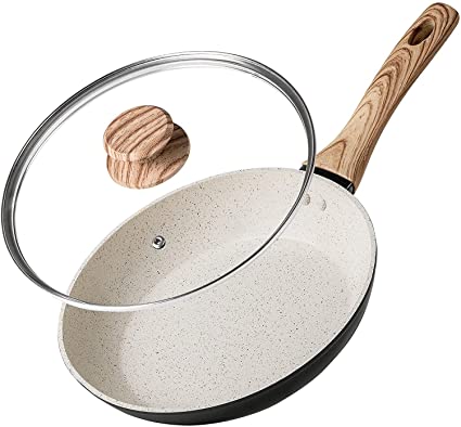 MICHELANGELO Frying Pan with Lid, 20cm Non Stick Frying Pans with Bakelite Handle, Stone-Derived Non Stick Frying Pan with Lid 20cm, White Granite Small Frying Pan with Lid 20cm