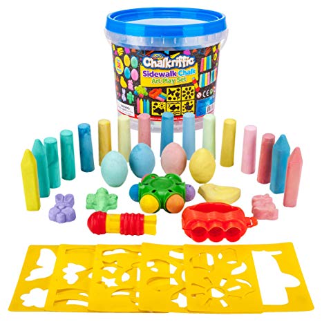 Creative Kids Premium Sidewalk Chalk Art Play Set - Bucket Bundle Of Chalk & Educational Game Accessories For Boys & Girls - Includes 30 Pieces Of Chalk, 1 Bucket, 3 Chalk Holders, 5 Stencils