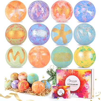 BESTOPE Bath Bombs Gift Set, 3.2oz*12 Pack, Natural Essential Oils Bath Bombs, Natural Bath Bombs Spa Kit for Moisturize Dry Skin, with Greeting Card, Gift for Women, Mom, Kids