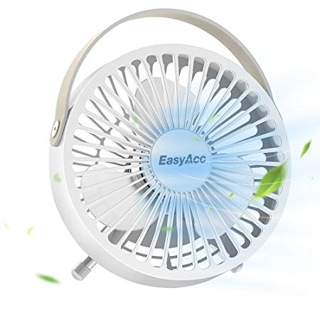 USB Desk Fan, EasyAcc 4 Inch USB Mini Table Fan Easy Cleaning Electric Portable Fan 3 Blades With Leather Handle Personal Fan ON/OFF Adjustable fit all USB Device For Office Home Desktop Table - White