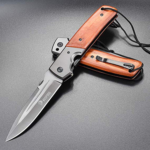 NedFoss Large Folding Knife 4.7" Stainless Steel Blade with Titanium Carbo-Nitride Coating, Wooden Handle with SpeedSafe Assisted Open, Locking Liner and Pocketclip, Lanyard Hole, 12oz