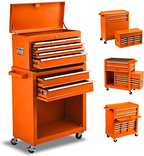 8-Drawer Tool Chest Tool Box,High Capacity Rolling Tool Chest Tool Storage Cabinet with 4 Wheels, 2 in 1 Large Toolbox Tool Organizer with Lockable Drawer for Garage Warehouse Workshops (Orange Cool)