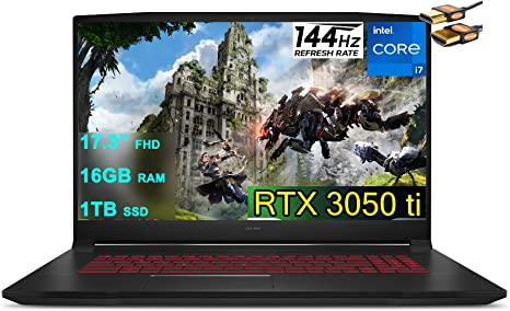 MSI Flagship Katana GF76 17 Gaming Laptop 17.3” FHD IPS 144Hz Display 11th Gen Intel 8-Core i7-11800H 16GB RAM 1TB SSD GeForce RTX 3050 Ti 4GB Backlit USB-C WiFi6 Nahimic Win10 Black   HDMI Cable