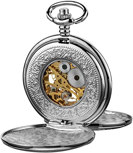 Akribos XXIV"Bravura" Mechanical Pocket Watch - Mechanical Hand-Wind Movement On a Skeleton Dial Comes with Cover and Chain - AK609