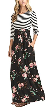 MEROKEETY Women's Striped Floral Print 3/4 Sleeve Tie Waist Maxi Dress With Pockets